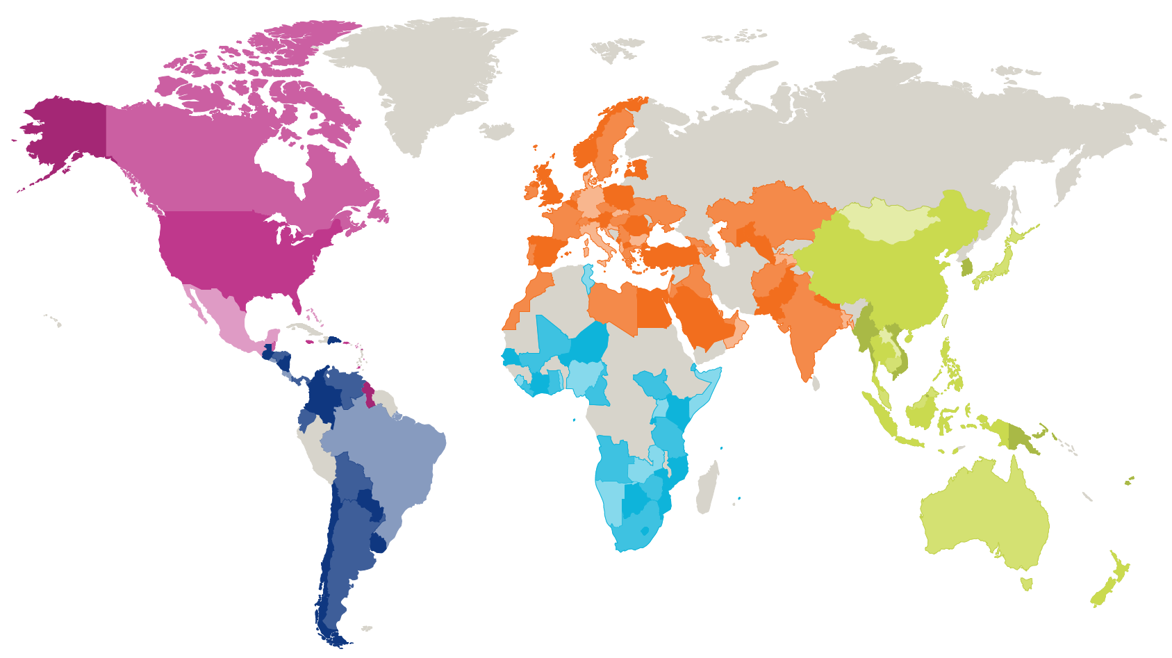 Weltkarte mit farbig ausgefüllten Ländern